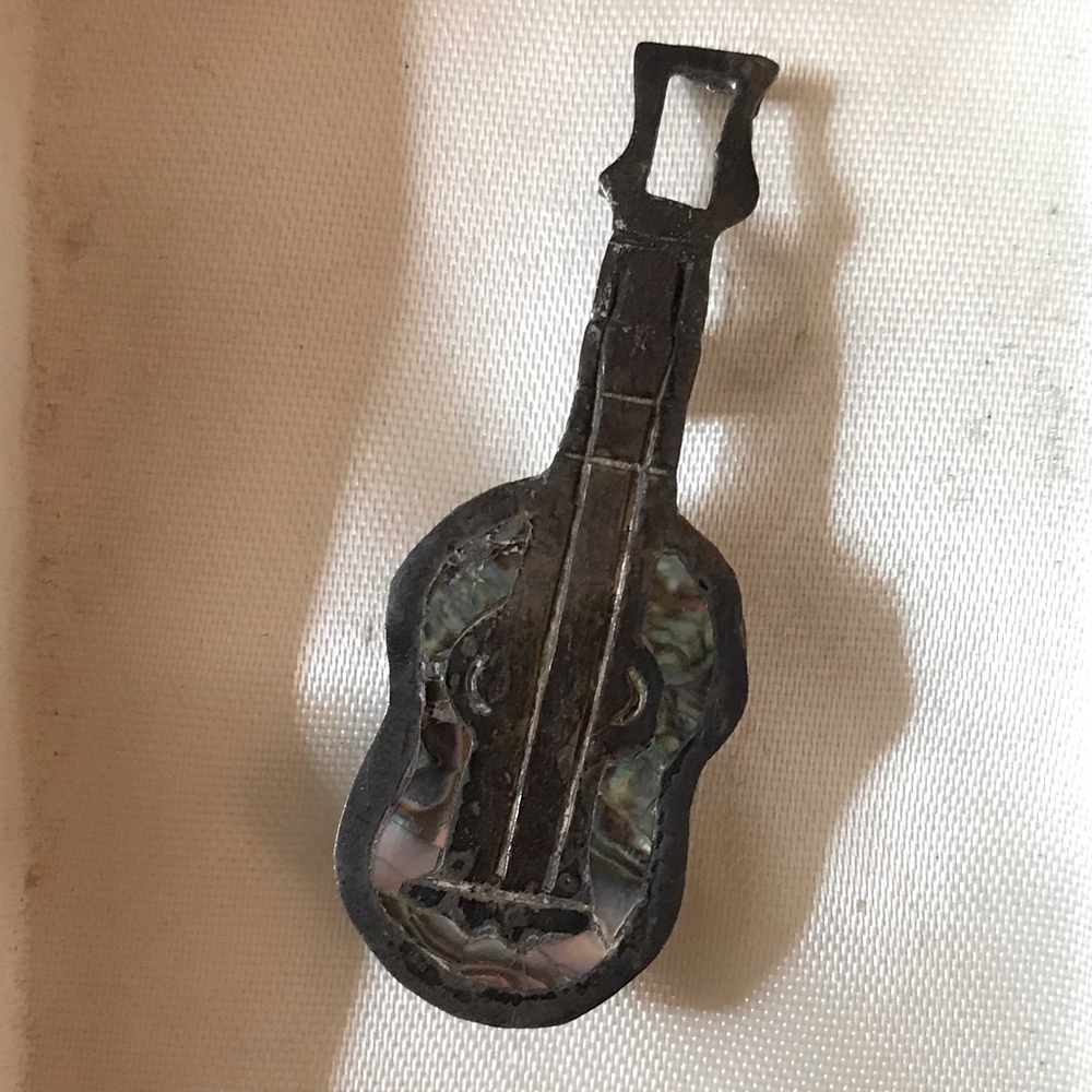 Vintage sterling silver Mexico abalone guitar pin